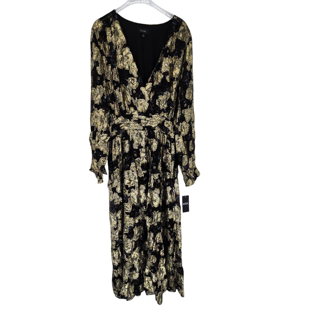 MSK Metallic Gold Floral Foil Long Sleeve V-Neck Maxi Dress M Rich Black NWT